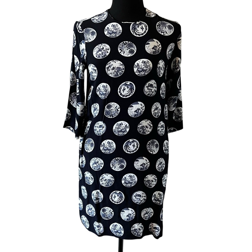 & Other Stories Black White Medallion Print Shift Dress 3/4 Sleeve Pockets US‎ 2